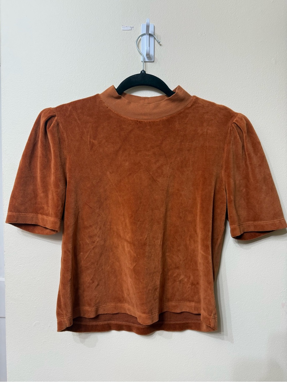 Suzie Kondi XS Velour Mock Neck Short Puff Sleeve Top Rust Copper Retro 80s Cali
